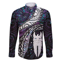 New Zealand Aotearoa Family Matching Summer Maxi Dress and Hawaiian Shirt Maori Hei Rehua Paua Shell Glitter Purple LT05 Dad's Shirt - Long Sleeve Purple - Polynesian Pride