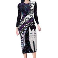 New Zealand Aotearoa Long Sleeve Bodycon Dress Maori Hei Rehua Paua Shell Glitter Purple LT05 Long Dress Purple - Polynesian Pride