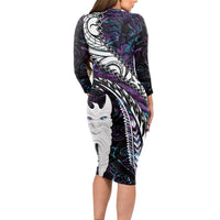 New Zealand Aotearoa Long Sleeve Bodycon Dress Maori Hei Rehua Paua Shell Glitter Purple LT05 - Polynesian Pride