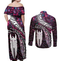 New Zealand Aotearoa Couples Matching Off Shoulder Maxi Dress and Long Sleeve Button Shirt Maori Hei Rehua Paua Shell Glitter Pink LT05 - Polynesian Pride