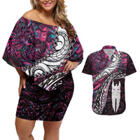 New Zealand Aotearoa Couples Matching Off Shoulder Short Dress and Hawaiian Shirt Maori Hei Rehua Paua Shell Glitter Pink LT05 Pink - Polynesian Pride