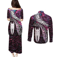 New Zealand Aotearoa Couples Matching Puletasi and Long Sleeve Button Shirt Maori Hei Rehua Paua Shell Glitter Pink LT05 - Polynesian Pride
