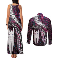 New Zealand Aotearoa Couples Matching Tank Maxi Dress and Long Sleeve Button Shirt Maori Hei Rehua Paua Shell Glitter Pink LT05 - Polynesian Pride