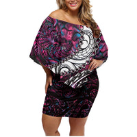 New Zealand Aotearoa Family Matching Off Shoulder Short Dress and Hawaiian Shirt Maori Hei Rehua Paua Shell Glitter Pink LT05 Mom's Dress Pink - Polynesian Pride