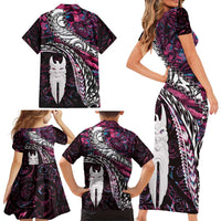 New Zealand Aotearoa Family Matching Short Sleeve Bodycon Dress and Hawaiian Shirt Maori Hei Rehua Paua Shell Glitter Pink LT05 - Polynesian Pride