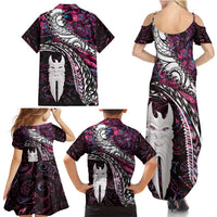 New Zealand Aotearoa Family Matching Summer Maxi Dress and Hawaiian Shirt Maori Hei Rehua Paua Shell Glitter Pink LT05 - Polynesian Pride