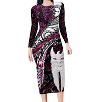 New Zealand Aotearoa Long Sleeve Bodycon Dress Maori Hei Rehua Paua Shell Glitter Pink LT05 Long Dress Pink - Polynesian Pride