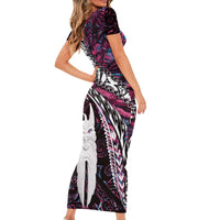 New Zealand Aotearoa Short Sleeve Bodycon Dress Maori Hei Rehua Paua Shell Glitter Pink LT05 - Polynesian Pride