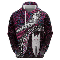 New Zealand Aotearoa Zip Hoodie Maori Hei Rehua Paua Shell Glitter Pink
