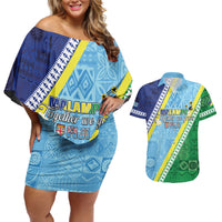 Love Malampa Fiji Day Couples Matching Off Shoulder Short Dress and Hawaiian Shirt Together We Grow LT05 Blue - Polynesian Pride