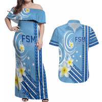 Personalised Federated States of Micronesia Couples Matching Off Shoulder Maxi Dress and Hawaiian Shirt Happy 38th Independence Anniversary LT05 Blue - Polynesian Pride