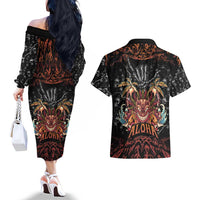 Aloha Halloween Couples Matching Off The Shoulder Long Sleeve Dress and Hawaiian Shirt Horror Tiki Heavy Metal Style LT05 - Polynesian Pride