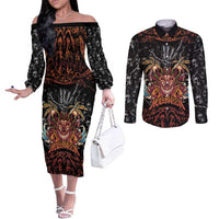 Aloha Halloween Couples Matching Off The Shoulder Long Sleeve Dress and Long Sleeve Button Shirt Horror Tiki Heavy Metal Style - Polynesian Pride