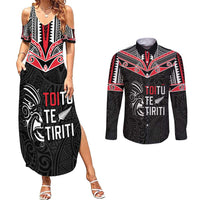 Aotearoa Toitu Te Tiriti Couples Matching Summer Maxi Dress and Long Sleeve Button Shirt New Zealand Honour The Treaty LT05 Black - Polynesian Pride
