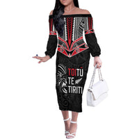 Aotearoa Toitu Te Tiriti Family Matching Off The Shoulder Long Sleeve Dress and Hawaiian Shirt New Zealand Honour The Treaty LT05 Mom's Dress Black - Polynesian Pride