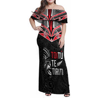 Aotearoa Toitu Te Tiriti Family Matching Off Shoulder Maxi Dress and Hawaiian Shirt New Zealand Honour The Treaty LT05 Mom's Dress Black - Polynesian Pride