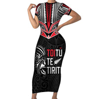 Aotearoa Toitu Te Tiriti Family Matching Short Sleeve Bodycon Dress and Hawaiian Shirt New Zealand Honour The Treaty LT05 Mom's Dress Black - Polynesian Pride