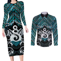 New Zealand Maori Couples Matching Long Sleeve Bodycon Dress and Long Sleeve Button Shirt Poutama Pikorua Turquoise Paua Shell LT05 Turquoise - Polynesian Pride