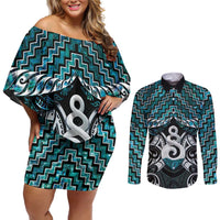 New Zealand Maori Couples Matching Off Shoulder Short Dress and Long Sleeve Button Shirt Poutama Pikorua Turquoise Paua Shell LT05 Turquoise - Polynesian Pride