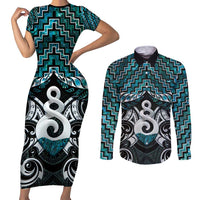 New Zealand Maori Couples Matching Short Sleeve Bodycon Dress and Long Sleeve Button Shirt Poutama Pikorua Turquoise Paua Shell LT05 Turquoise - Polynesian Pride