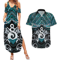 New Zealand Maori Couples Matching Summer Maxi Dress and Hawaiian Shirt Poutama Pikorua Turquoise Paua Shell LT05 Turquoise - Polynesian Pride