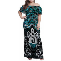 New Zealand Maori Family Matching Off Shoulder Maxi Dress and Hawaiian Shirt Poutama Pikorua Turquoise Paua Shell LT05 Mom's Dress Turquoise - Polynesian Pride