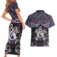 New Zealand Maori Couples Matching Short Sleeve Bodycon Dress and Hawaiian Shirt Poutama Pikorua Purple Paua Shell LT05 - Polynesian Pride