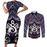 New Zealand Maori Couples Matching Short Sleeve Bodycon Dress and Long Sleeve Button Shirt Poutama Pikorua Purple Paua Shell LT05 Purple - Polynesian Pride