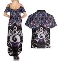 New Zealand Maori Couples Matching Summer Maxi Dress and Hawaiian Shirt Poutama Pikorua Purple Paua Shell LT05 - Polynesian Pride