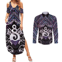 New Zealand Maori Couples Matching Summer Maxi Dress and Long Sleeve Button Shirt Poutama Pikorua Purple Paua Shell LT05 Purple - Polynesian Pride