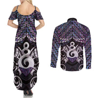 New Zealand Maori Couples Matching Summer Maxi Dress and Long Sleeve Button Shirt Poutama Pikorua Purple Paua Shell LT05 - Polynesian Pride
