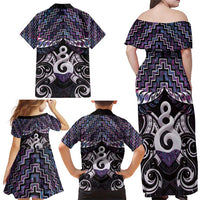 New Zealand Maori Family Matching Off Shoulder Maxi Dress and Hawaiian Shirt Poutama Pikorua Purple Paua Shell LT05 - Polynesian Pride