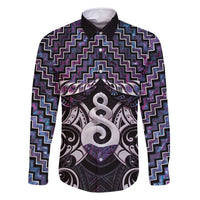 New Zealand Maori Family Matching Off Shoulder Maxi Dress and Hawaiian Shirt Poutama Pikorua Purple Paua Shell LT05 Dad's Shirt - Long Sleeve Purple - Polynesian Pride