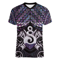 New Zealand Maori Women V-Neck T-Shirt Poutama Pikorua Purple Paua Shell
