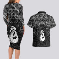 New Zealand Maori Couples Matching Long Sleeve Bodycon Dress and Hawaiian Shirt Poutama Manaia Black Paua Shell LT05 - Polynesian Pride