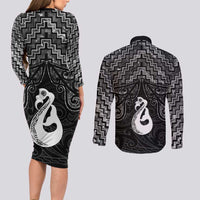 New Zealand Maori Couples Matching Long Sleeve Bodycon Dress and Long Sleeve Button Shirt Poutama Manaia Black Paua Shell LT05 - Polynesian Pride