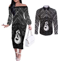 New Zealand Maori Couples Matching Off The Shoulder Long Sleeve Dress and Long Sleeve Button Shirt Poutama Manaia Black Paua Shell LT05 Black - Polynesian Pride