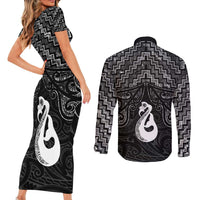 New Zealand Maori Couples Matching Short Sleeve Bodycon Dress and Long Sleeve Button Shirt Poutama Manaia Black Paua Shell LT05 - Polynesian Pride