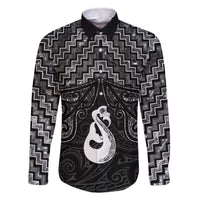 New Zealand Maori Family Matching Off The Shoulder Long Sleeve Dress and Hawaiian Shirt Poutama Manaia Black Paua Shell LT05 Dad's Shirt - Long Sleeve Black - Polynesian Pride