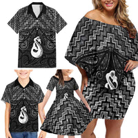 New Zealand Maori Family Matching Off Shoulder Short Dress and Hawaiian Shirt Poutama Manaia Black Paua Shell LT05 - Polynesian Pride