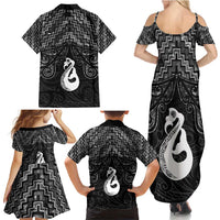 New Zealand Maori Family Matching Summer Maxi Dress and Hawaiian Shirt Poutama Manaia Black Paua Shell LT05 - Polynesian Pride