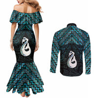New Zealand Maori Couples Matching Mermaid Dress and Long Sleeve Button Shirt Poutama Manaia Turquoise Paua Shell LT05 - Polynesian Pride