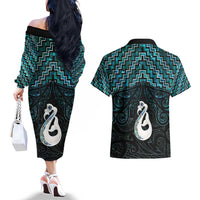 New Zealand Maori Couples Matching Off The Shoulder Long Sleeve Dress and Hawaiian Shirt Poutama Manaia Turquoise Paua Shell LT05 - Polynesian Pride