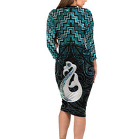New Zealand Maori Family Matching Long Sleeve Bodycon Dress and Hawaiian Shirt Poutama Manaia Turquoise Paua Shell LT05 - Polynesian Pride