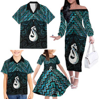 New Zealand Maori Family Matching Off The Shoulder Long Sleeve Dress and Hawaiian Shirt Poutama Manaia Turquoise Paua Shell LT05 - Polynesian Pride