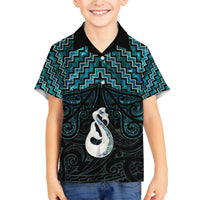 New Zealand Maori Family Matching Off The Shoulder Long Sleeve Dress and Hawaiian Shirt Poutama Manaia Turquoise Paua Shell LT05 Son's Shirt Turquoise - Polynesian Pride