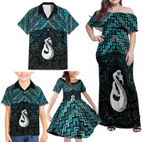 New Zealand Maori Family Matching Off Shoulder Maxi Dress and Hawaiian Shirt Poutama Manaia Turquoise Paua Shell LT05 - Polynesian Pride