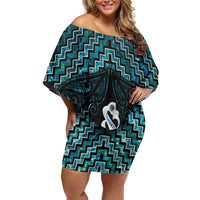 New Zealand Maori Family Matching Off Shoulder Short Dress and Hawaiian Shirt Poutama Manaia Turquoise Paua Shell LT05 Mom's Dress Turquoise - Polynesian Pride