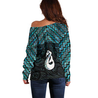 New Zealand Maori Off Shoulder Sweater Poutama Manaia Turquoise Paua Shell LT05 - Polynesian Pride