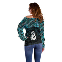 New Zealand Maori Off Shoulder Sweater Poutama Manaia Turquoise Paua Shell LT05 - Polynesian Pride